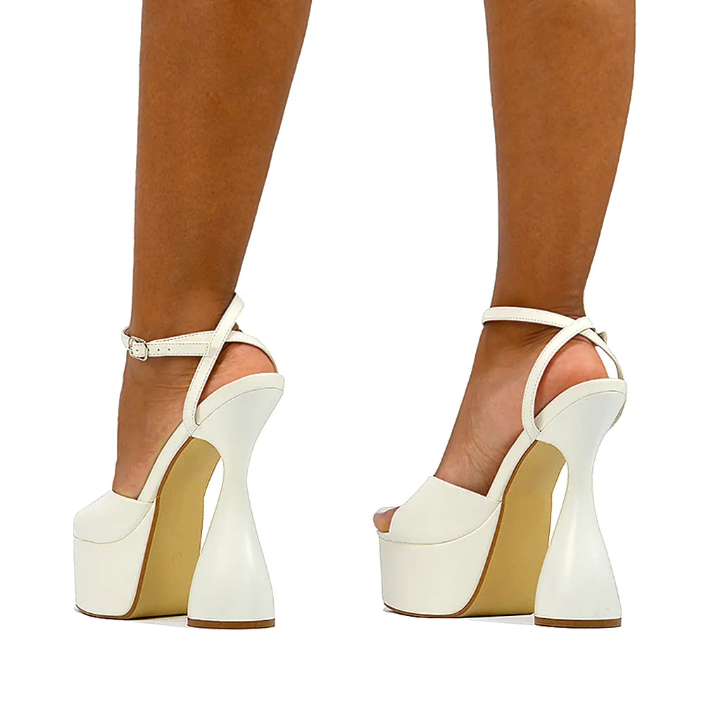 Acacia Strappy Peep Toe Cylinder Block Platform High Heel in White Synthetic Leather