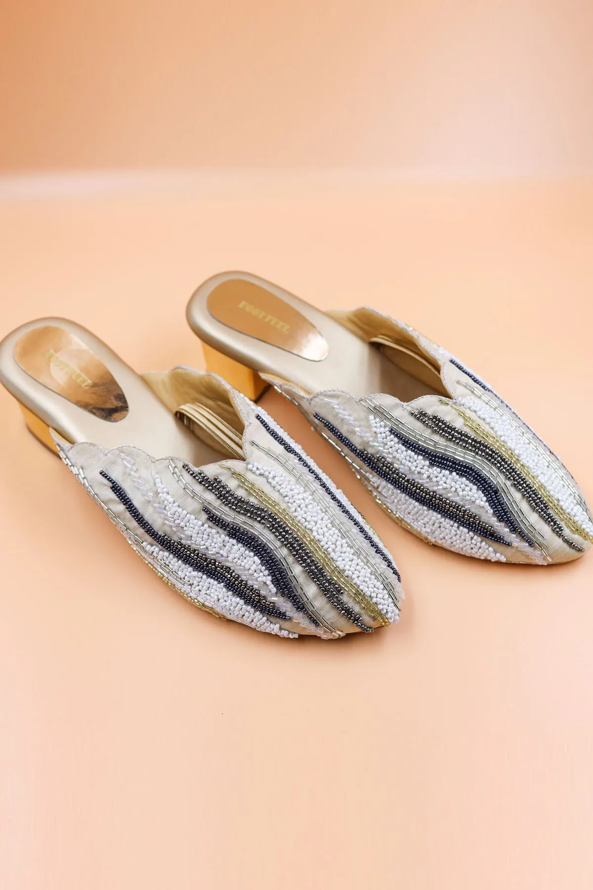 Beads Embroidered Gold Mules