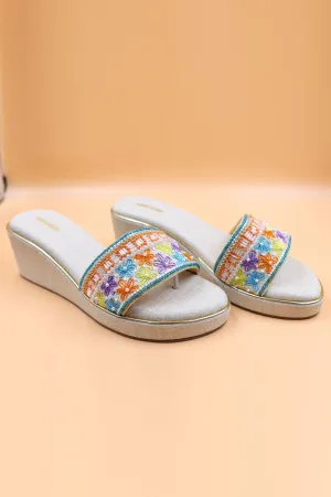 Beige Thread Embellished Wedges