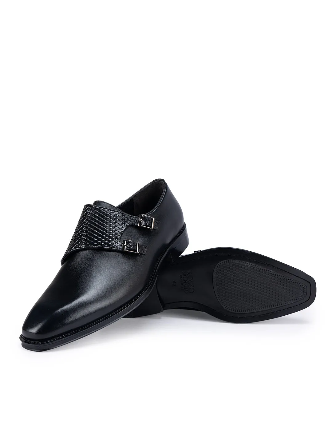 Black Textured Leather Monk Straps