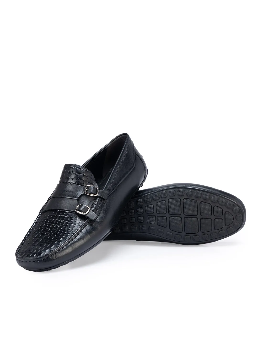 Black Textured Monk Style Moccasins