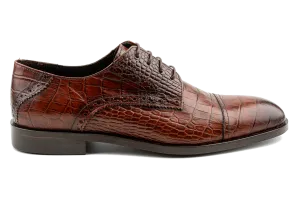 Cap Toe Derby Shoes, Designer Derby Shoes, Crocodile & Iguana Pattern Embossed Calfskin Handmade Dress Shoes for Men, Handmade Leather Sole High Gloss Tan Dress Shoes : Taj by Debbano