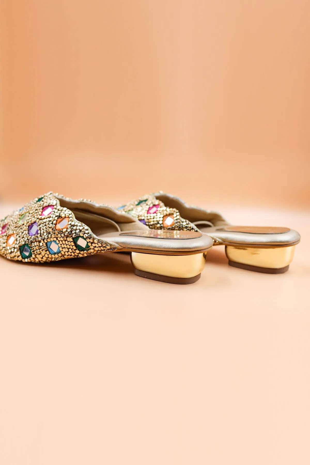 Gold Rexine Bead Work Mules
