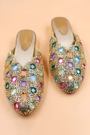Gold Rexine Bead Work Mules