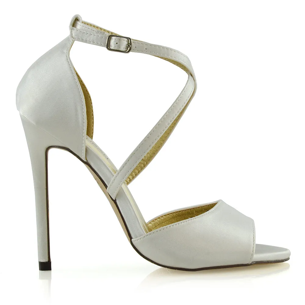 Gwen Cross Over Strappy Peep Toe Stiletto High Heel Bridal Shoes In Ivory Satin