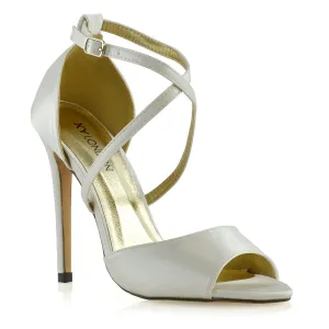 Gwen Cross Over Strappy Peep Toe Stiletto High Heel Bridal Shoes In Ivory Satin