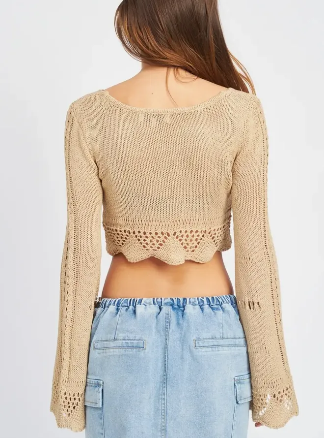 Long Sleeve Tie Front Crochet Top