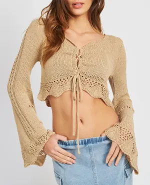 Long Sleeve Tie Front Crochet Top