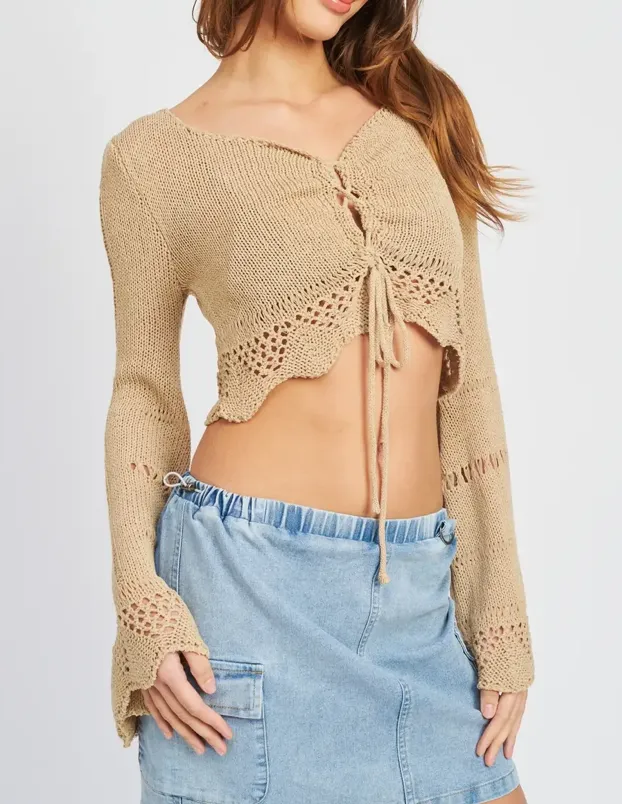 Long Sleeve Tie Front Crochet Top