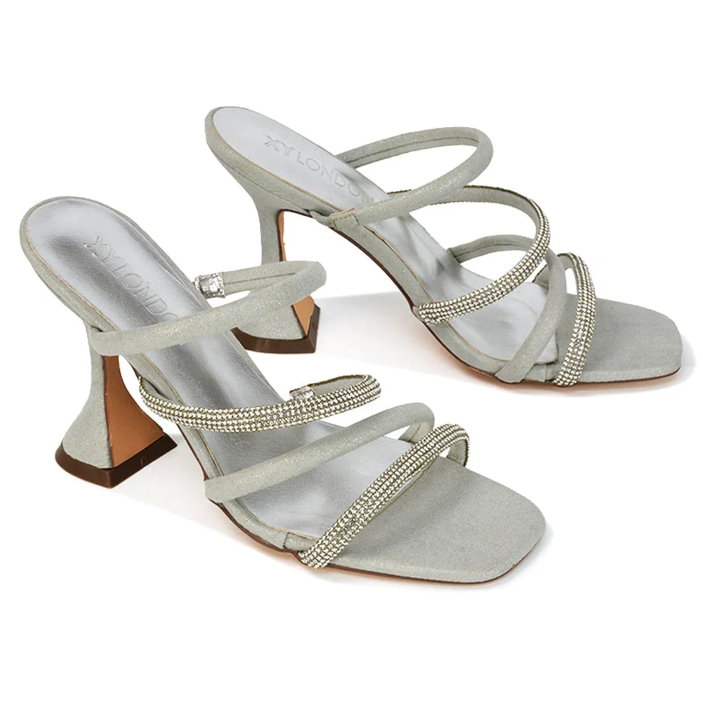 Posie Diamante Strappy Square Toe Sculptured High Heel Wedding Sandals in Ivory