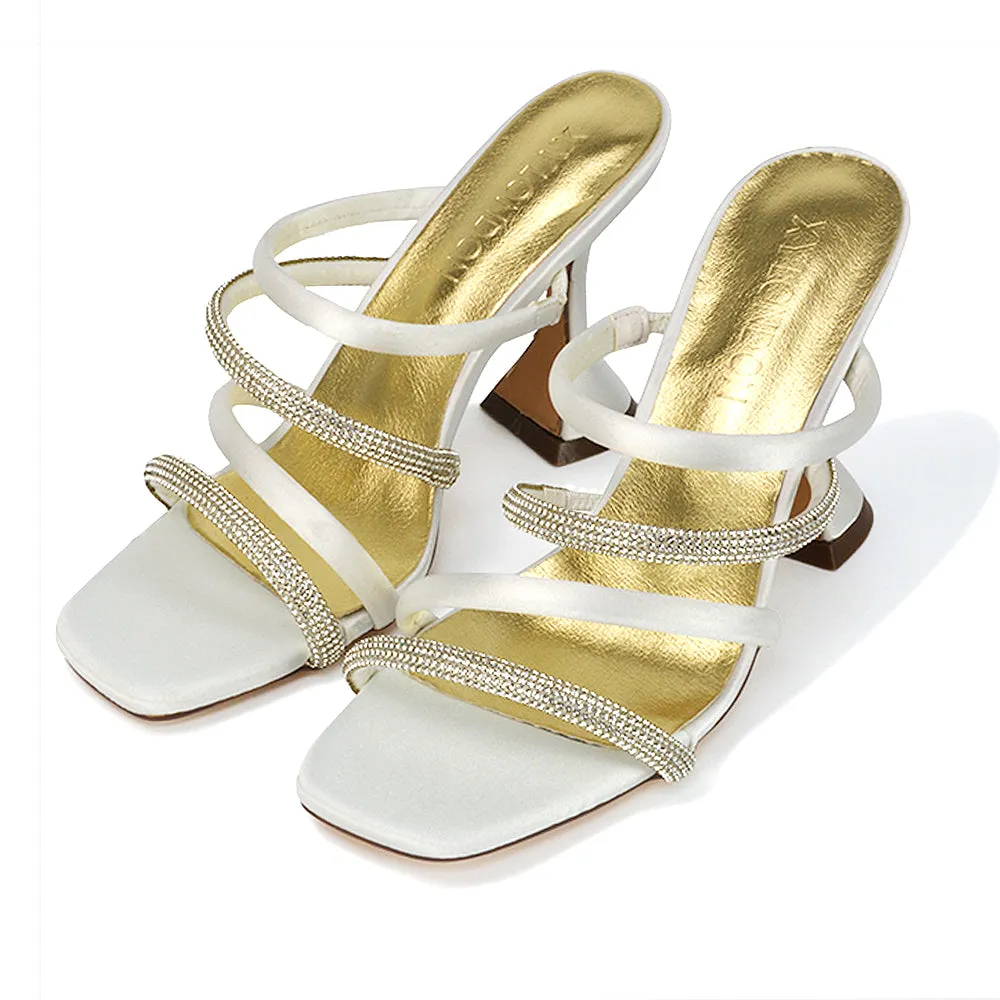 Posie Diamante Strappy Square Toe Sculptured High Heel Wedding Sandals in Ivory