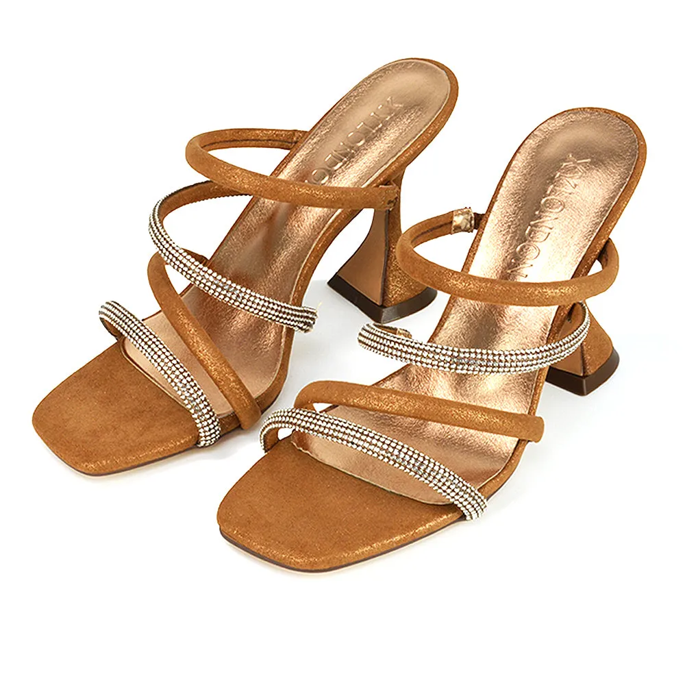 Posie Diamante Strappy Square Toe Sculptured High Heel Wedding Sandals in Ivory
