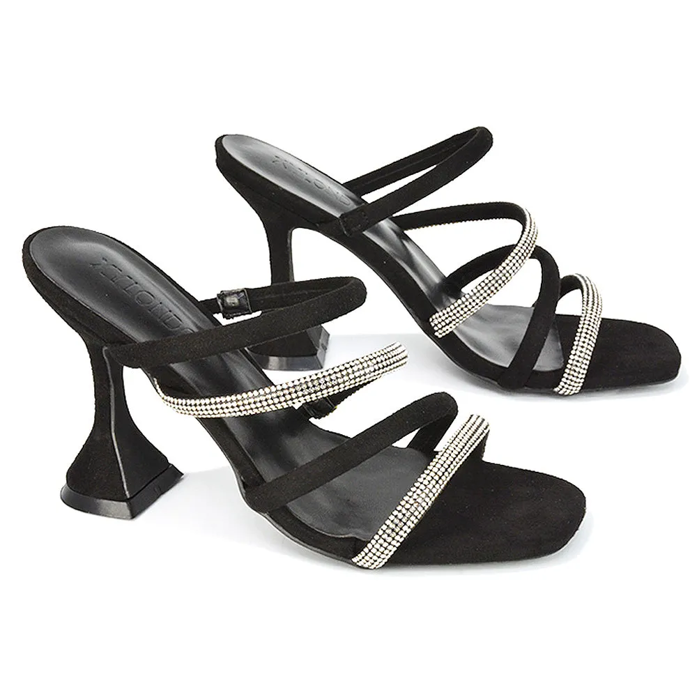Posie Diamante Strappy Square Toe Sculptured High Heel Wedding Sandals in Ivory