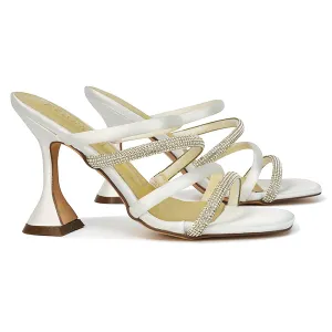Posie Diamante Strappy Square Toe Sculptured High Heel Wedding Sandals in Ivory