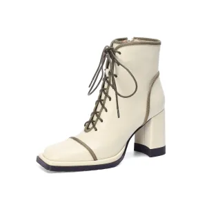 TinaCus Handmade Women's Genuine Leather Platform Front Lace Up Side Zipper Square Toe High Block Heel Ankle Boots
