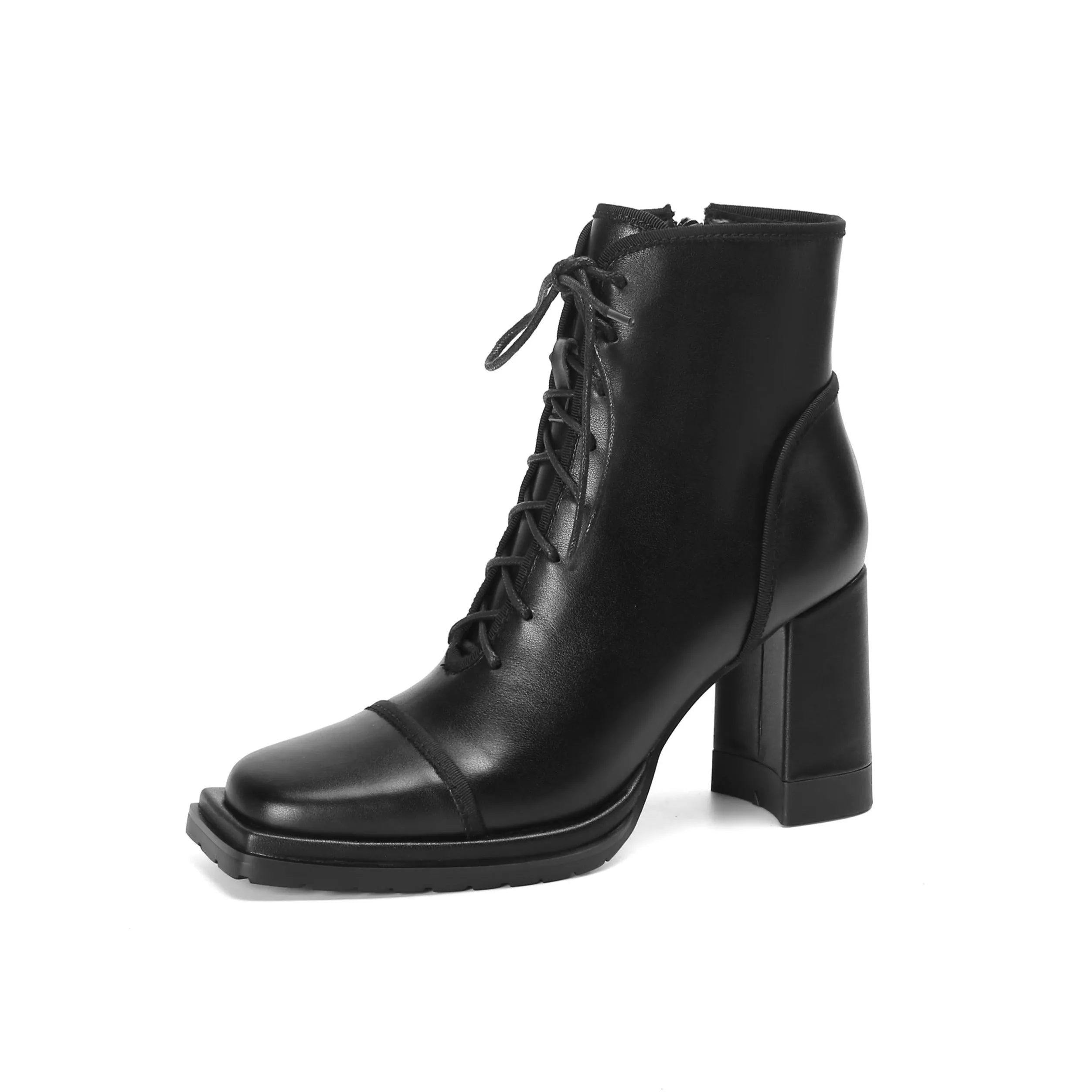 TinaCus Handmade Women's Genuine Leather Platform Front Lace Up Side Zipper Square Toe High Block Heel Ankle Boots