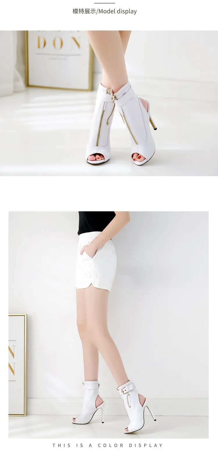Women ankle buckle strap peep toe slingback high heel boots