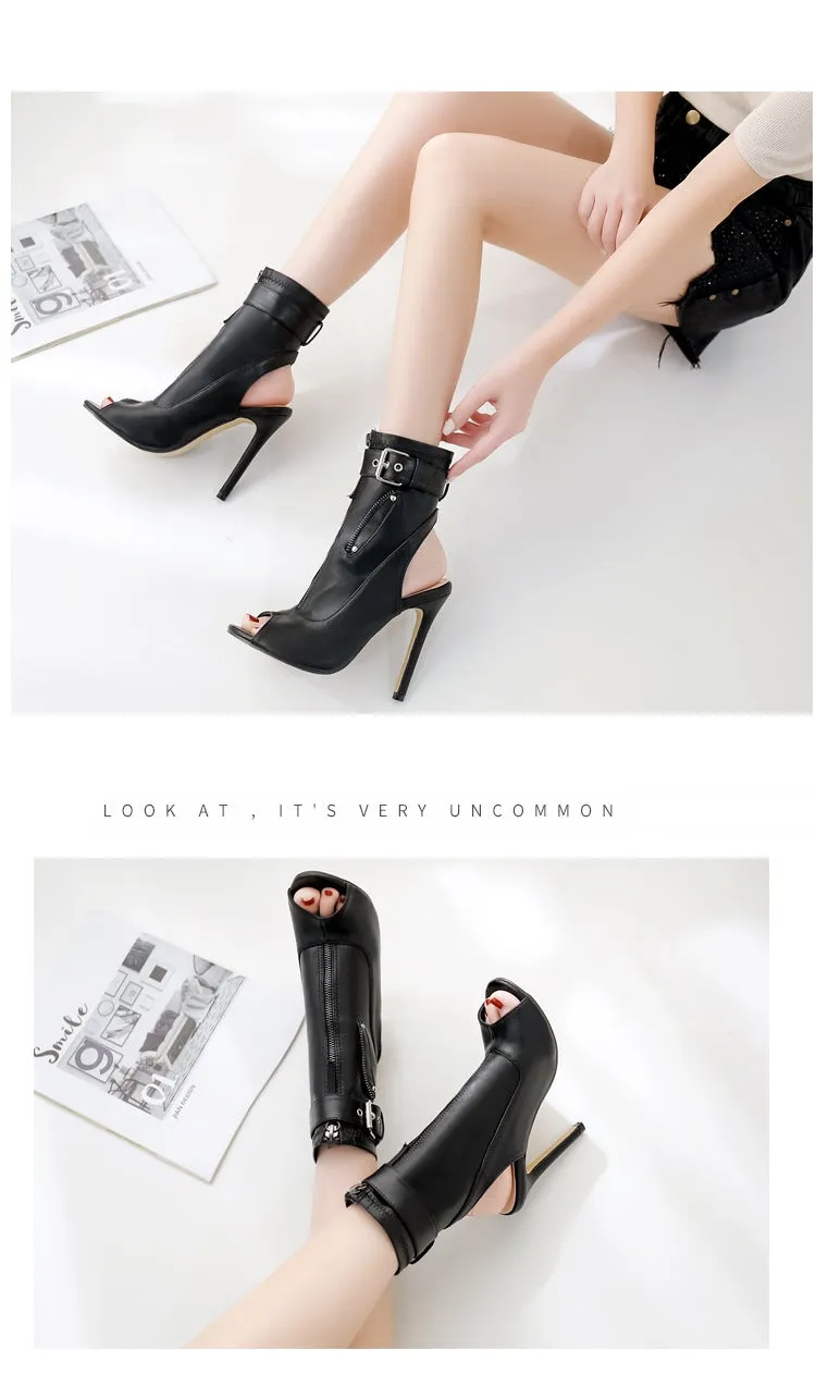 Women ankle buckle strap peep toe slingback high heel boots