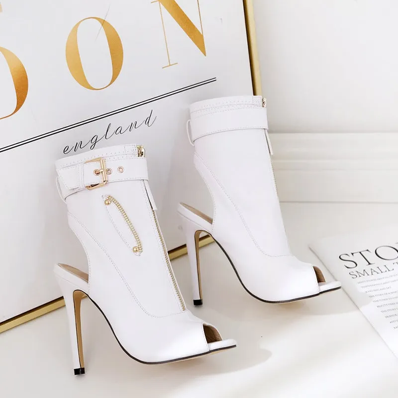 Women ankle buckle strap peep toe slingback high heel boots
