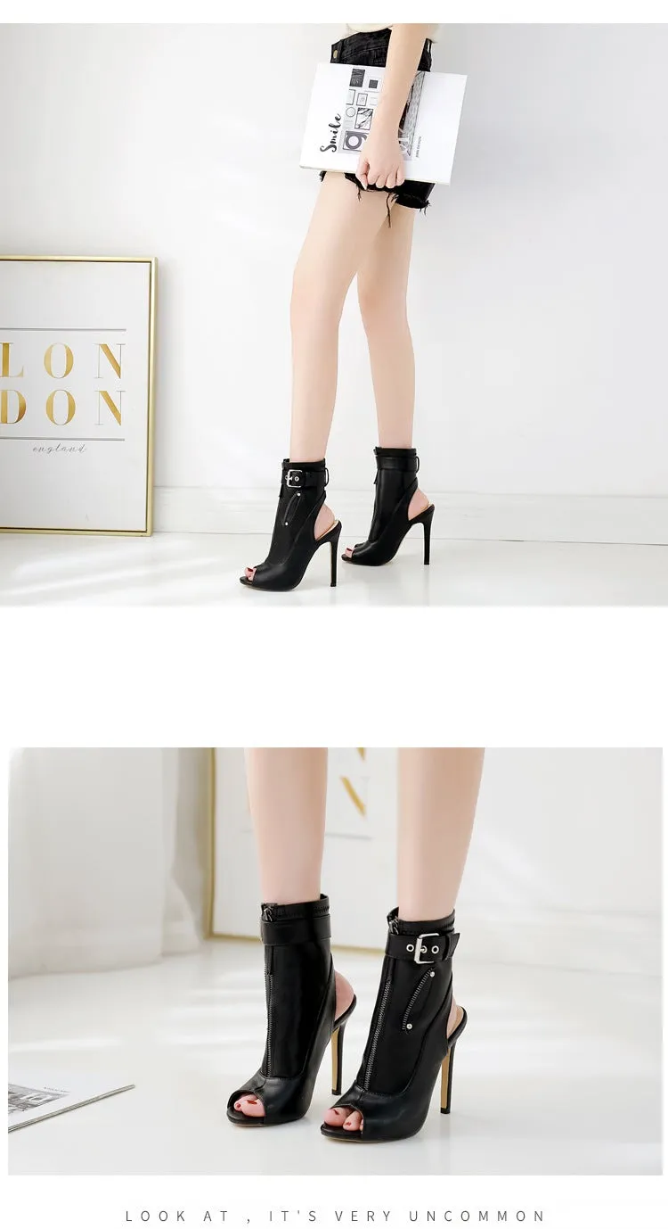 Women ankle buckle strap peep toe slingback high heel boots