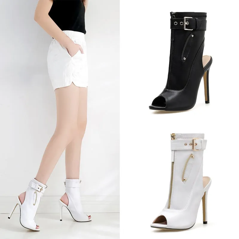 Women ankle buckle strap peep toe slingback high heel boots
