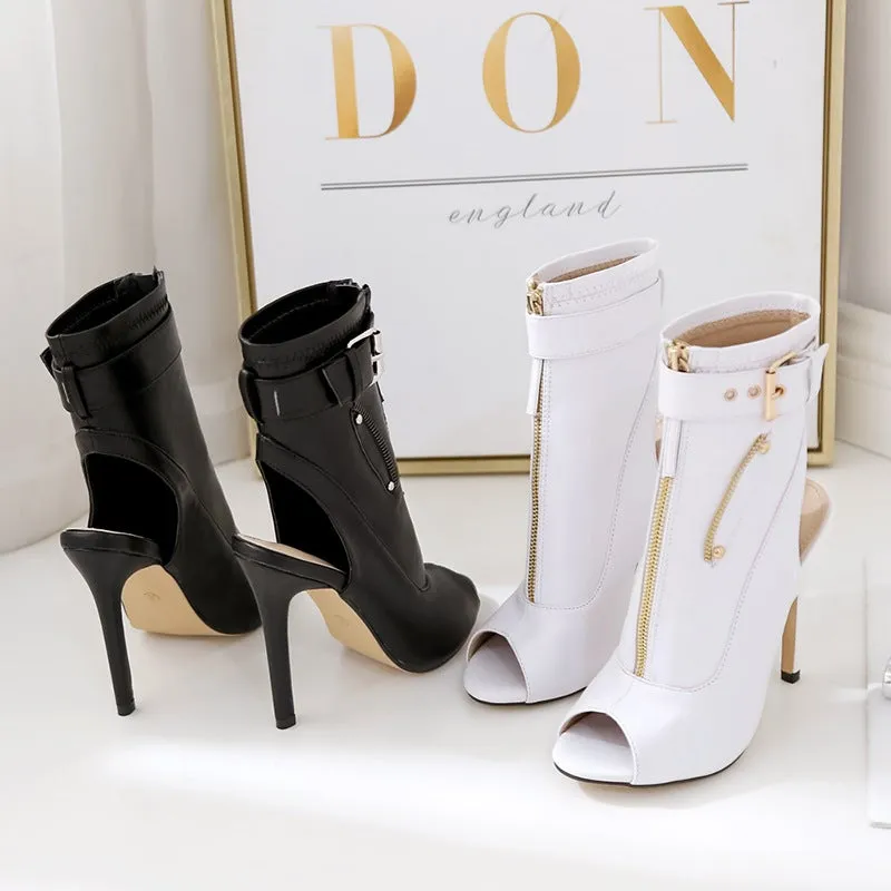 Women ankle buckle strap peep toe slingback high heel boots