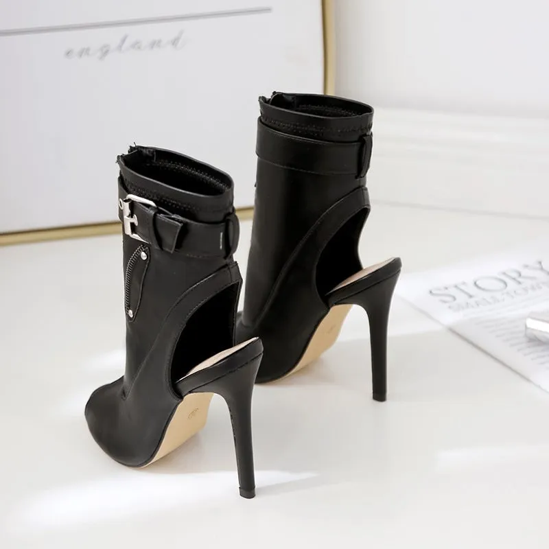 Women ankle buckle strap peep toe slingback high heel boots