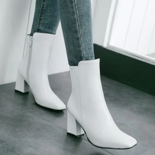 Women's chunky block heel zipper booties elegant square toe ankle boots