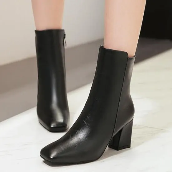 Women's chunky block heel zipper booties elegant square toe ankle boots