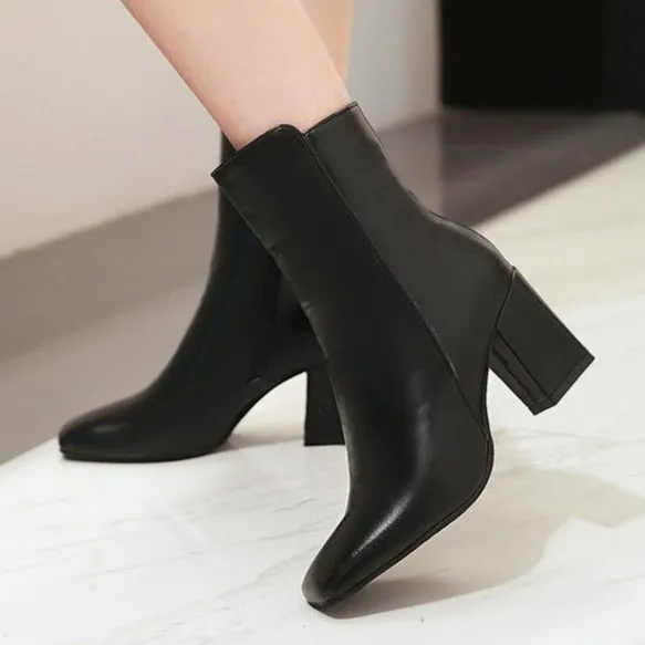 Women's chunky block heel zipper booties elegant square toe ankle boots