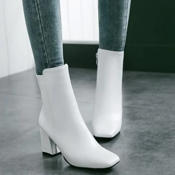 Women's chunky block heel zipper booties elegant square toe ankle boots
